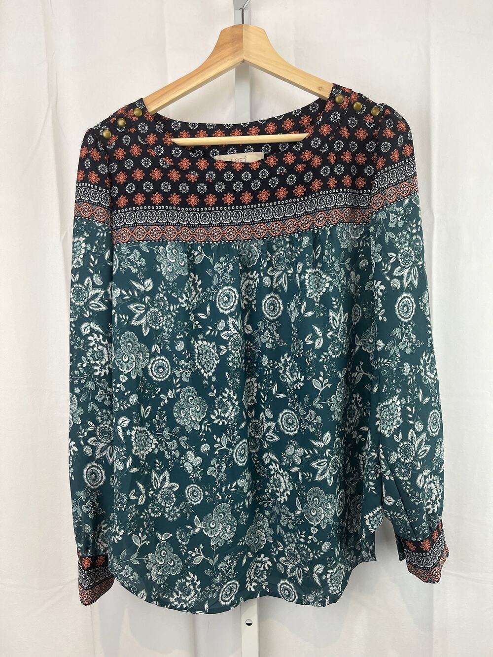 LOFT Ann Taylor Size M Floral Mosaic Shoulder Button Top Long Sleeve Green Multi